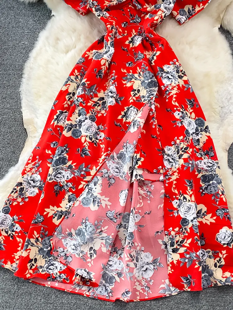 Vintage Women Printed Dresss Sexy Square Collar Short Puff Sleeve High Waist A-Line Vacation Beach Vestidos Female New