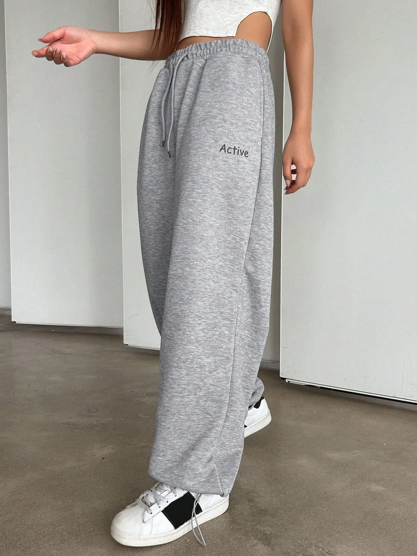 Maxct Ladies' Elastic Waist Drawstring Jogger Pants With Letter Print, Adjustable Cuffs