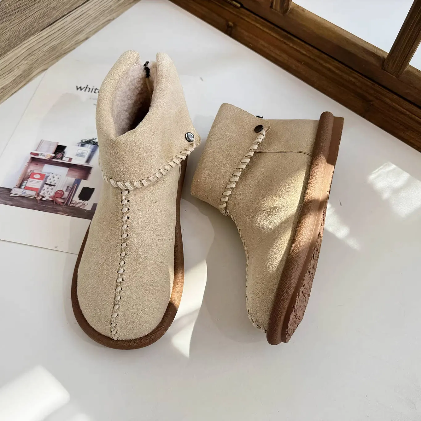 Winter Warm Leather Sueded Cuff Soft Sole Fleece-Lined Ankle Boots