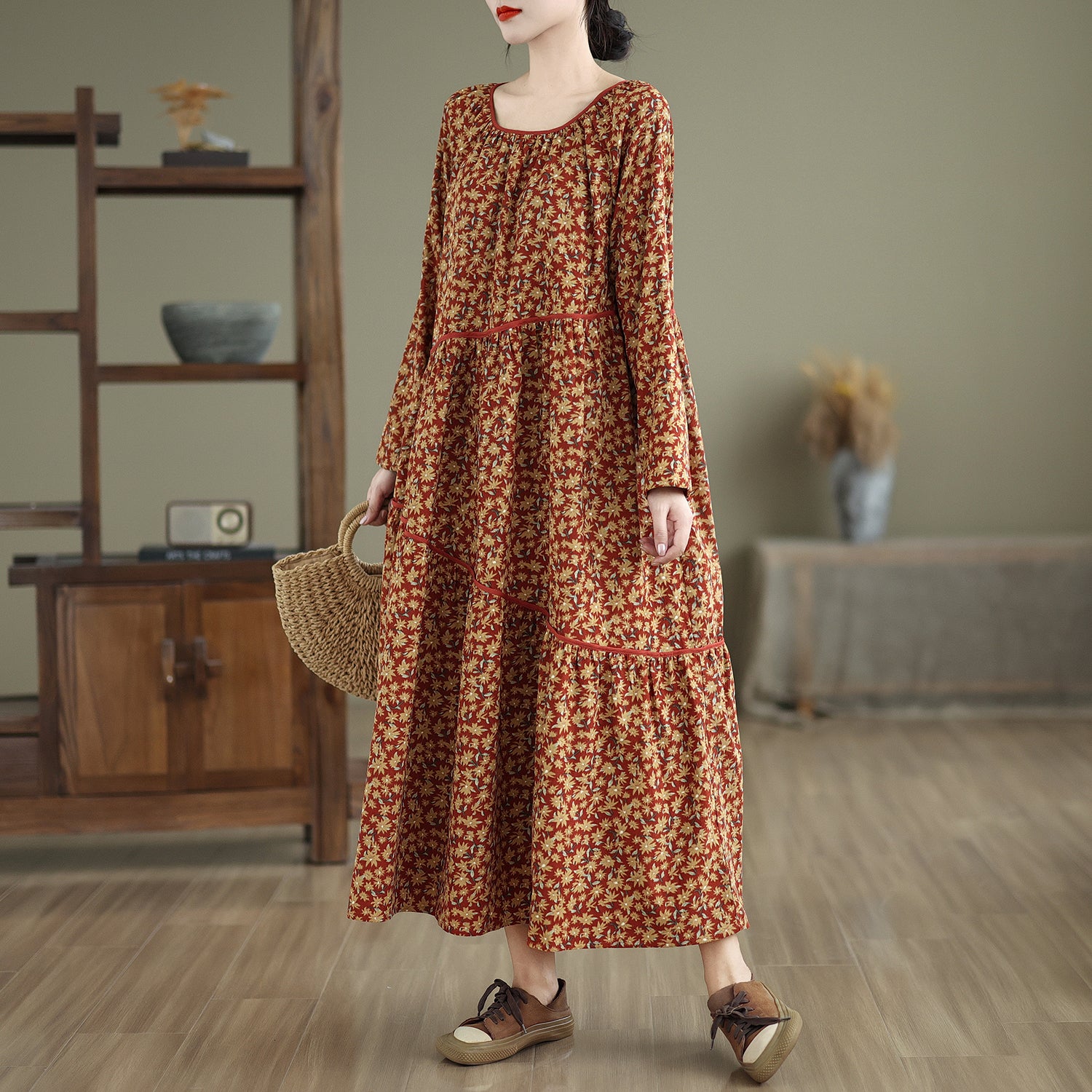 Maxct Women Autumn Retro Loose Cotton Corduroy Printed Dress
