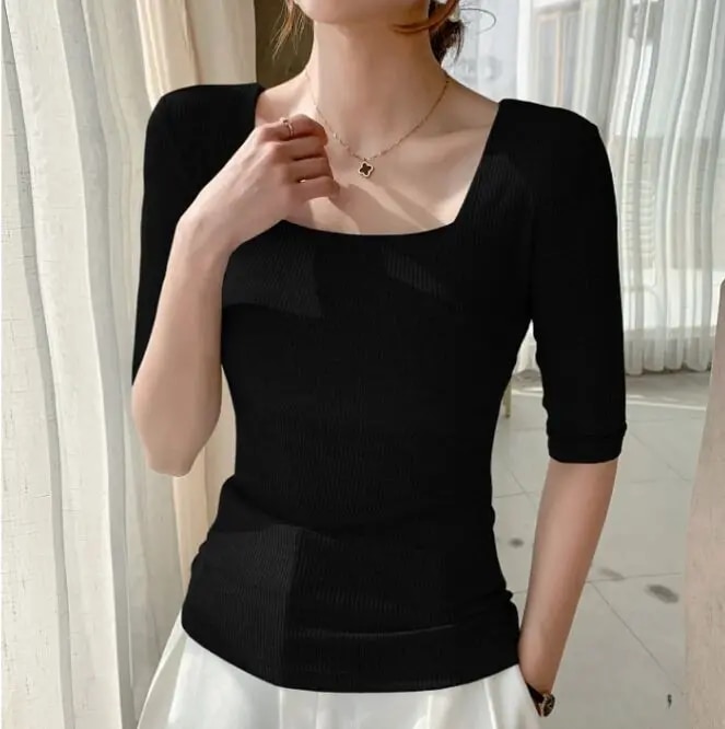 Maxct Sleeve Square Collar Slim Cotton T-shirt Tee Girls Solid Summer Basic High Elasticity Tshirts Crop Tops For Women