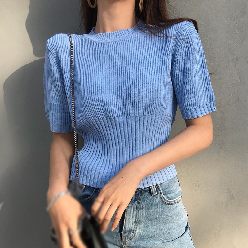 Maxct T-Shirt Knitted Short Sleeve Crop Top Summer Women's Korean Solid O Neck Casual