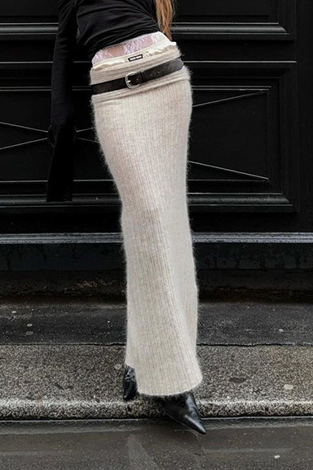 Maxct-Off-Shoulder Sweater Midi Skirt Suits