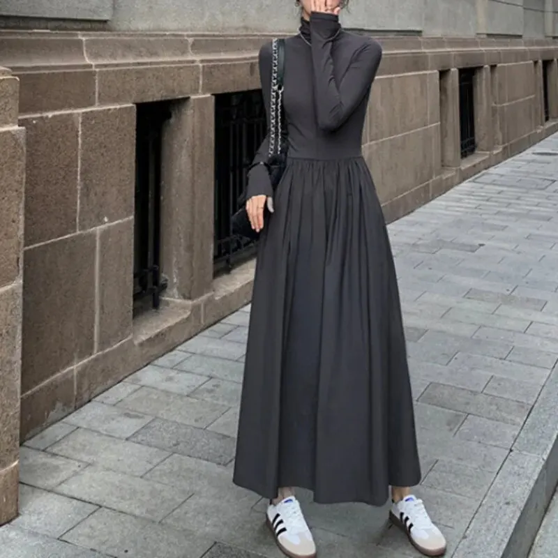 Maxct New Autumn French Midi Dresses Women Elegant Chic Turtleneck Fashion Casual A-Line Black Long Sleeve Cotton Female Clothing