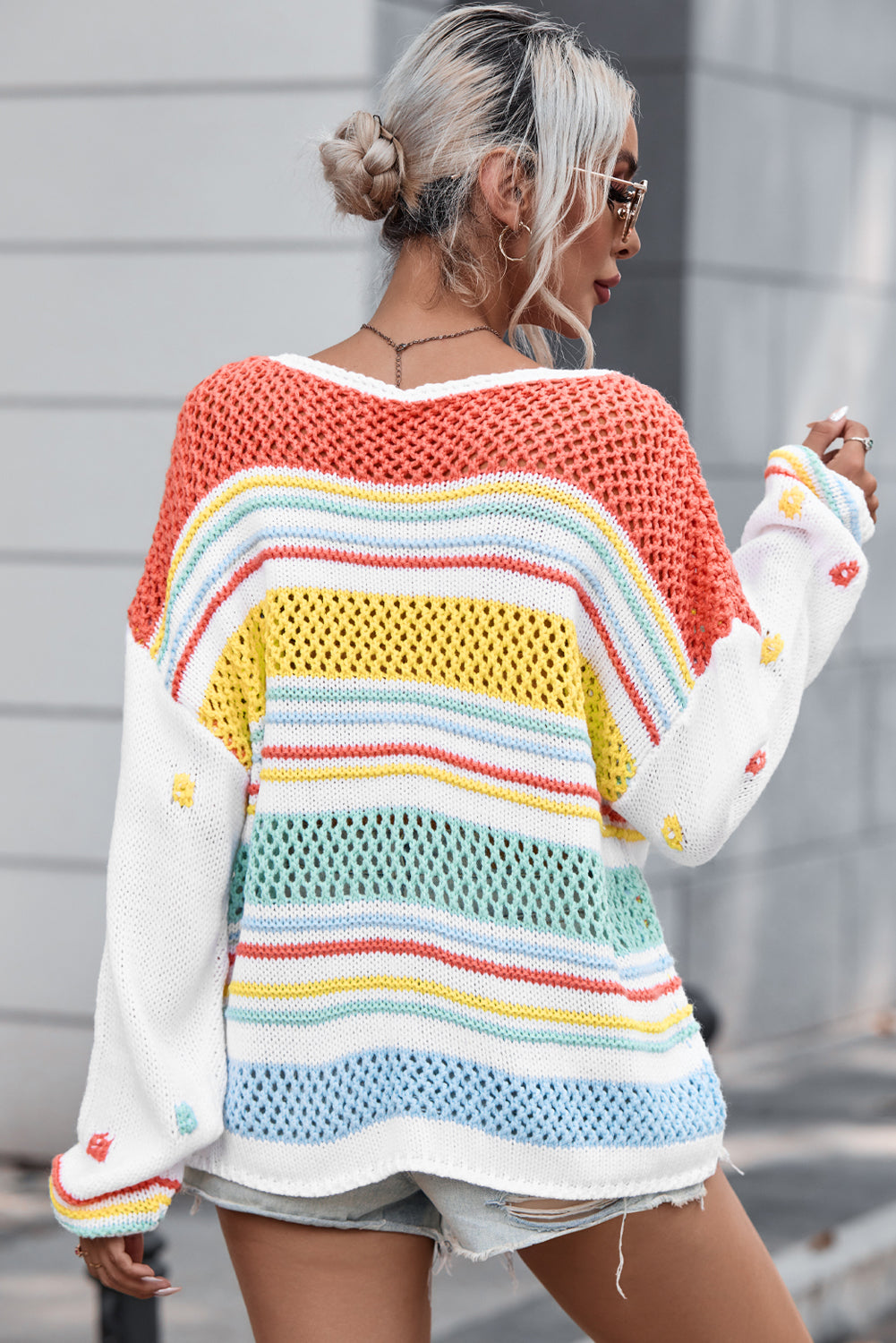 Maxct &Hollow Striped Color Block Round Neck Sweater