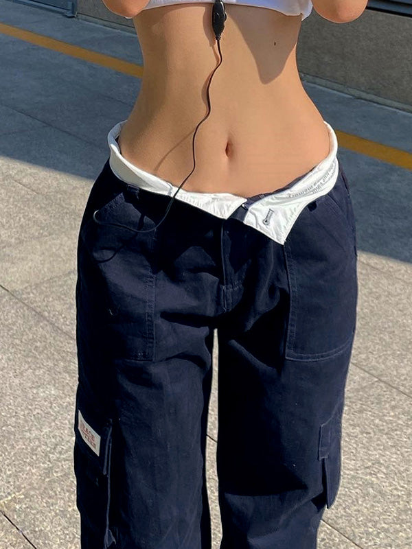 Fold Over Waist Y2K Straight Leg Pants Maxct