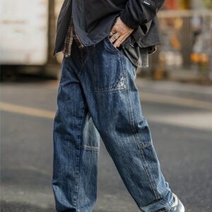 Maxct Wide Leg Cotton Jeans, Men's Casual Street Style Patchwork Denim Pants For Spring Summer