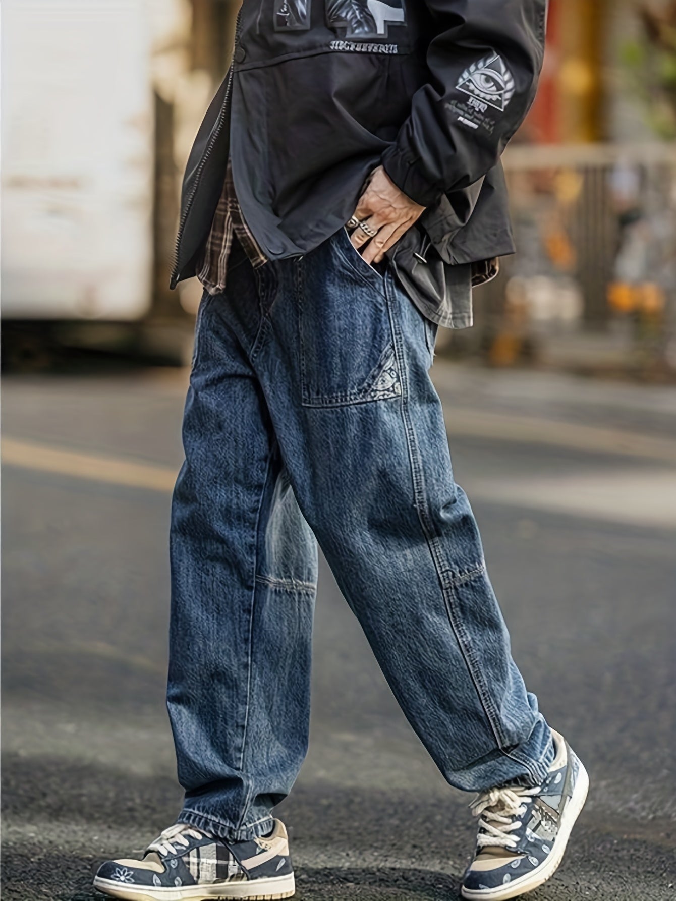 Maxct  Wide Leg Cotton Jeans, Men's Casual Street Style Patchwork Denim Pants For Spring Summer