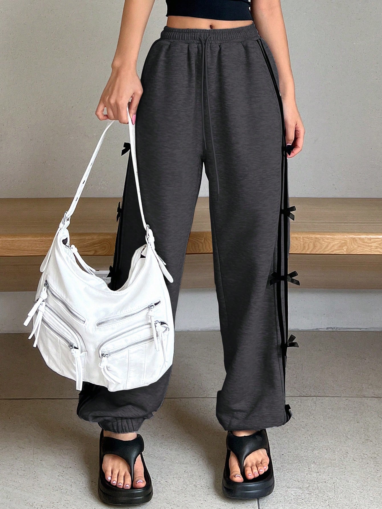 Maxct Loose Long Harem Women's Pants With Elastic Waistband And Woven Bow Decoration