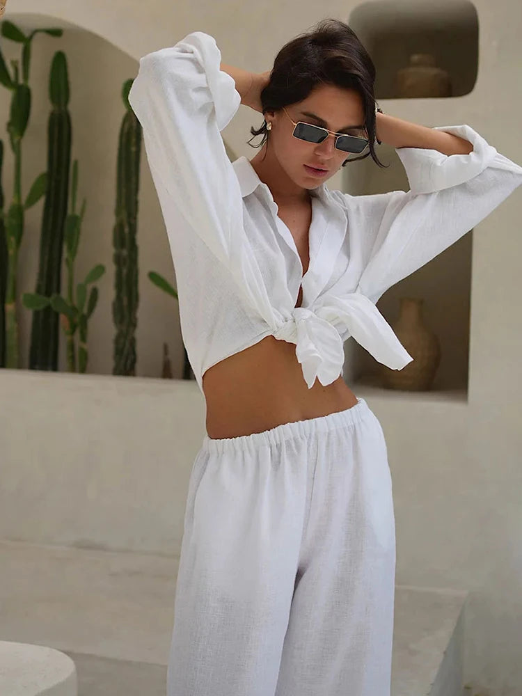 Maxct White Casual Cotton Linen Trousers Suit Women's Loose Long Sleeve Shirt Top Elastic Waist Pants Female Outfits Autumn New