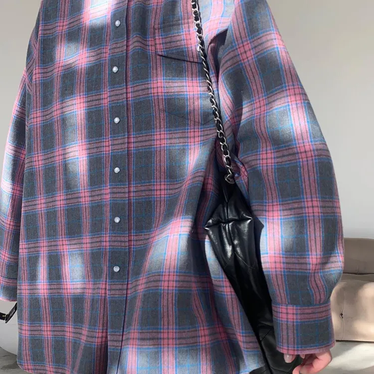 Retro Lapels Lattice Loose Shirt For Women Single-Breasted Long Sleeves Stripe Summer New Casual Versatile Pocket Shirt
