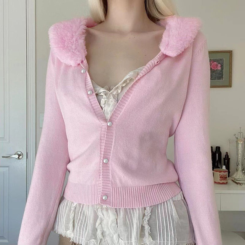 Maxct 90s Aesthetic Fur Collar Button Up Cardigan