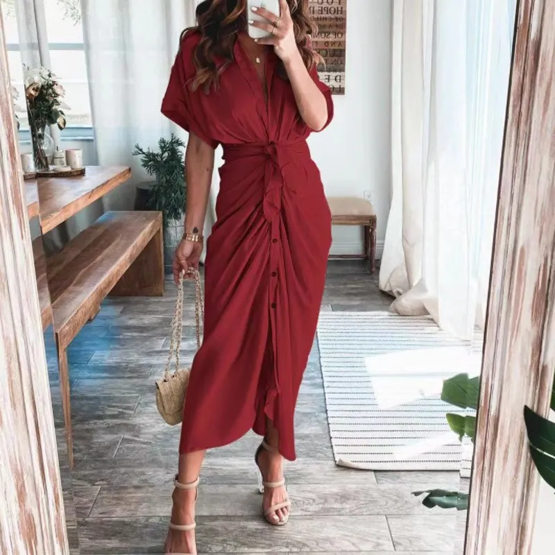 Maxct Short Sleeve Spring Dresses Fashion Summer Turn-down Collar Women Party Dress Elegant Button Office Lady Shirt Dress
