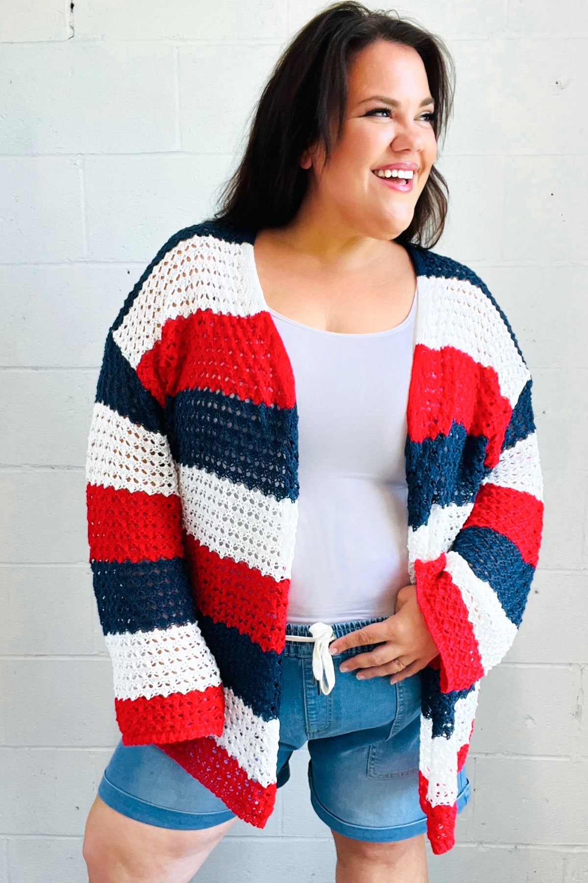 Maxct &Simply Patriotic Red White & Blue Striped Crochet Cardigan