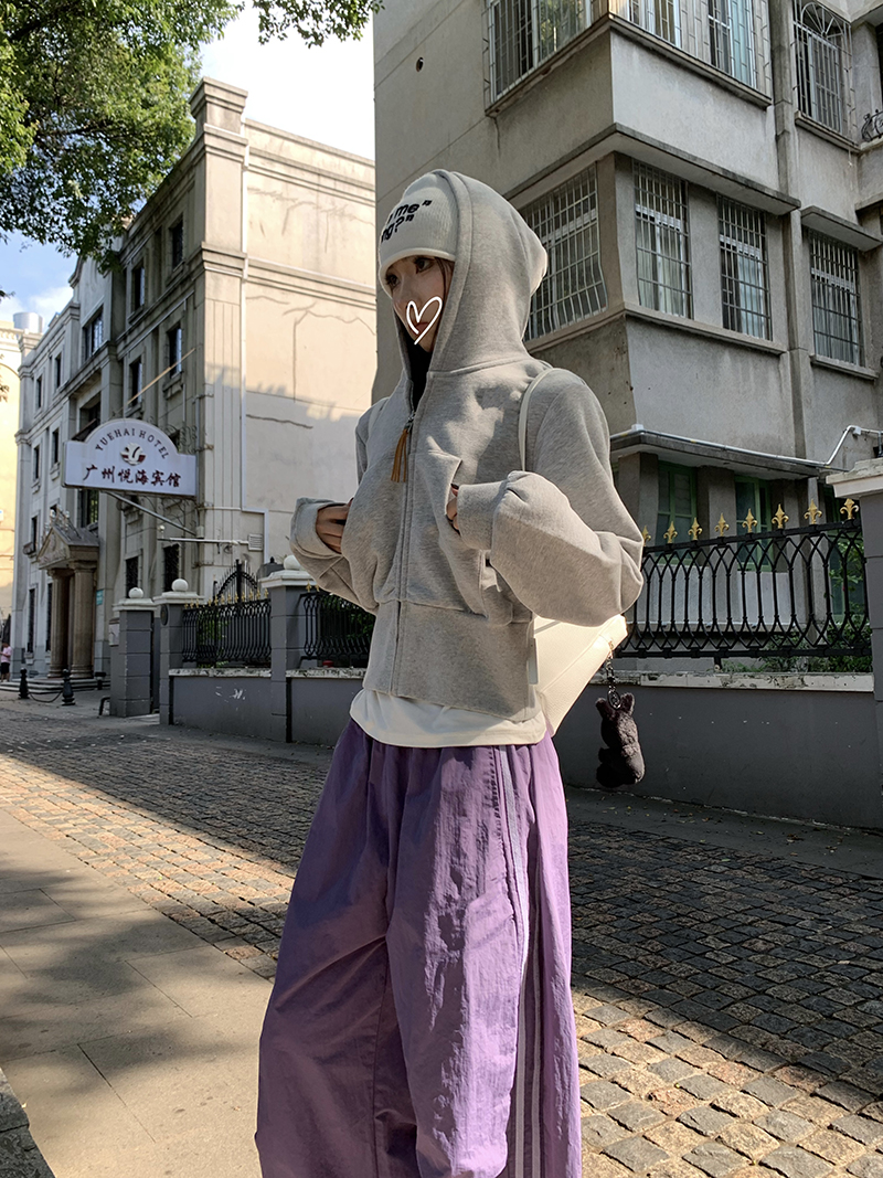 Grey Cropped Hoodies Zip Up Long Sleeve Sweatshirt Cardigan Oversized Autumn Fashion Wide Leg Track Pants Two Piece Sets