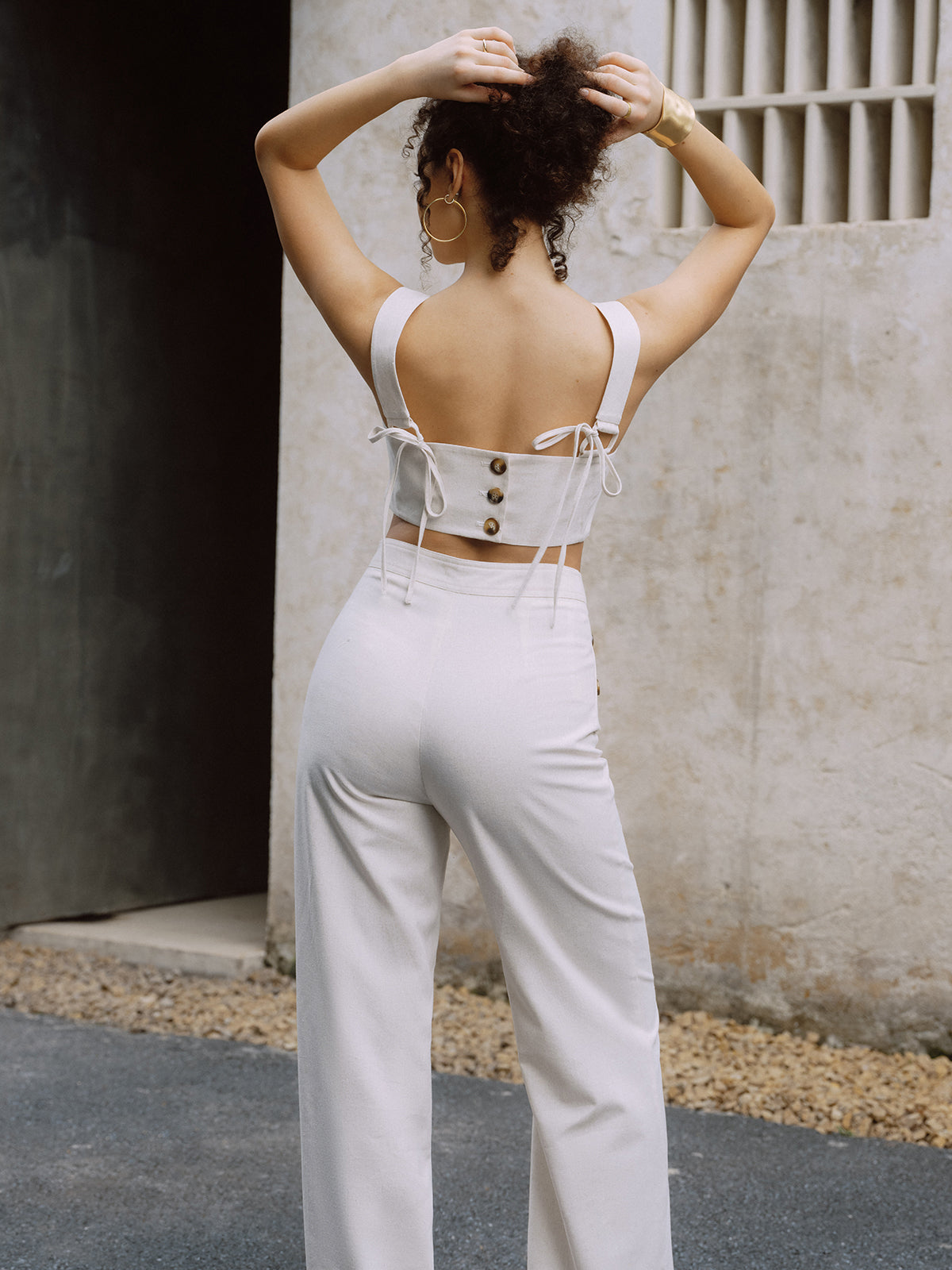 Maxct Cotton & Linen Button Decor Tank Top With Straight Leg Pants Set