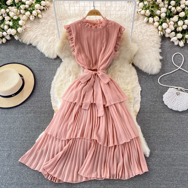 Women's Purple/Pink/Green Draped Dress Vintage Ruffle Stand Collar Sleeveless High Waist Party Pleated Vestidos Female New