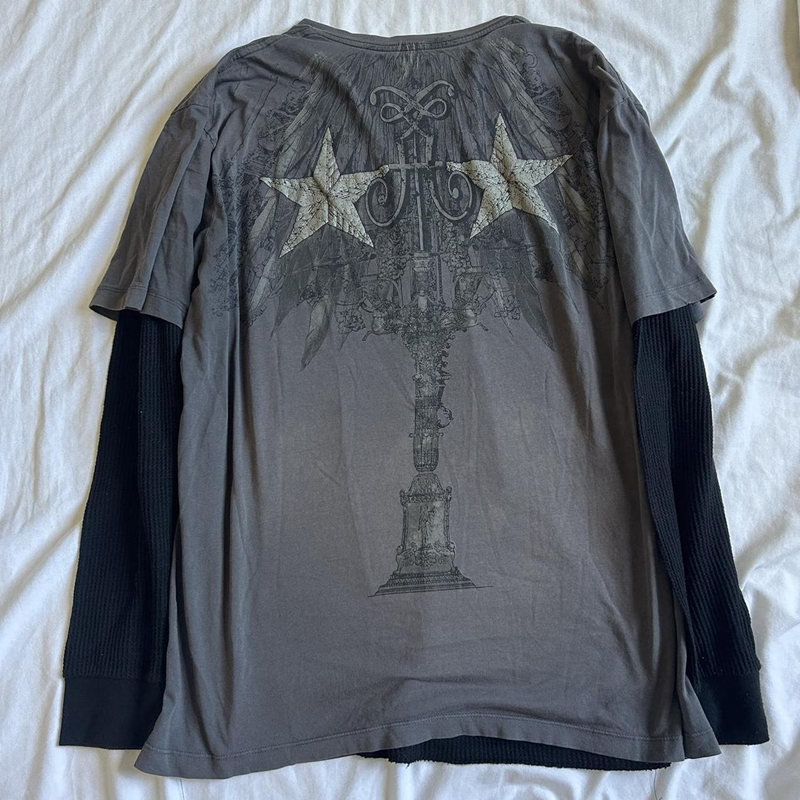 Japanese Edgy 00s Retro Gothic Emo T-shirt Cyber Y2K Grunge Mall Goth Top Patchwork Full Sleeve Baggy Pullovers Tees