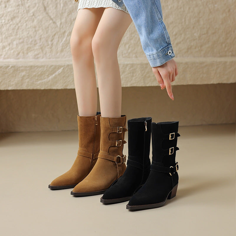 Womens Suede Mid Calf Boots 45mm Block Heel with Buckle Details Maxct