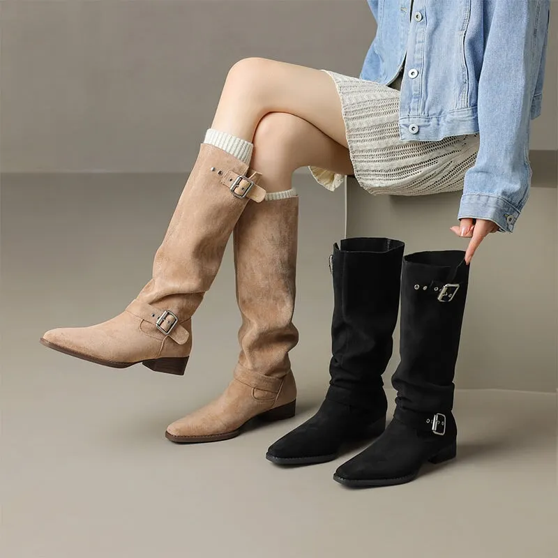Womens Suede Knee High Boots with Buckles Maxct