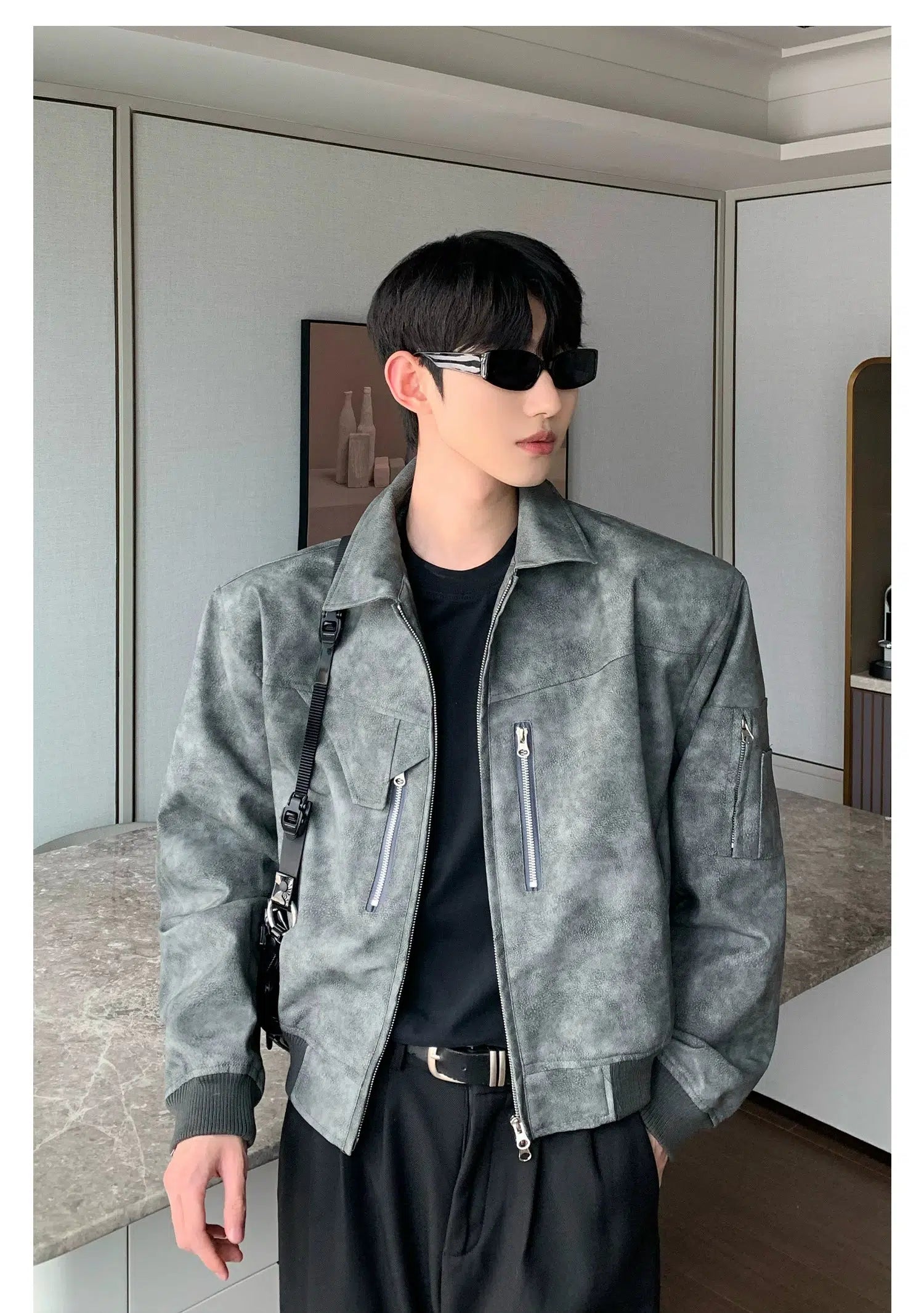 Maxct Shoulder Pad PU Leather Bomber Jacket