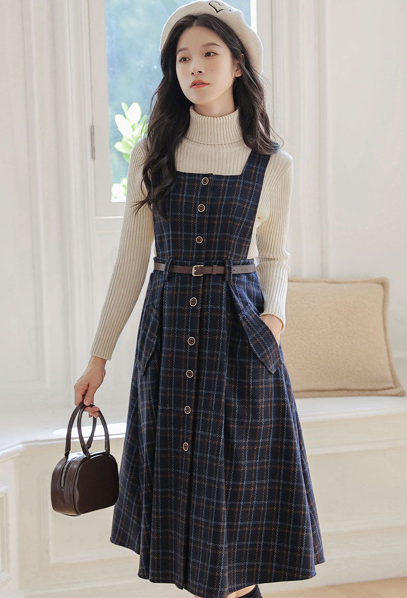 Button Up Plaid Pinafore Dress Maxct