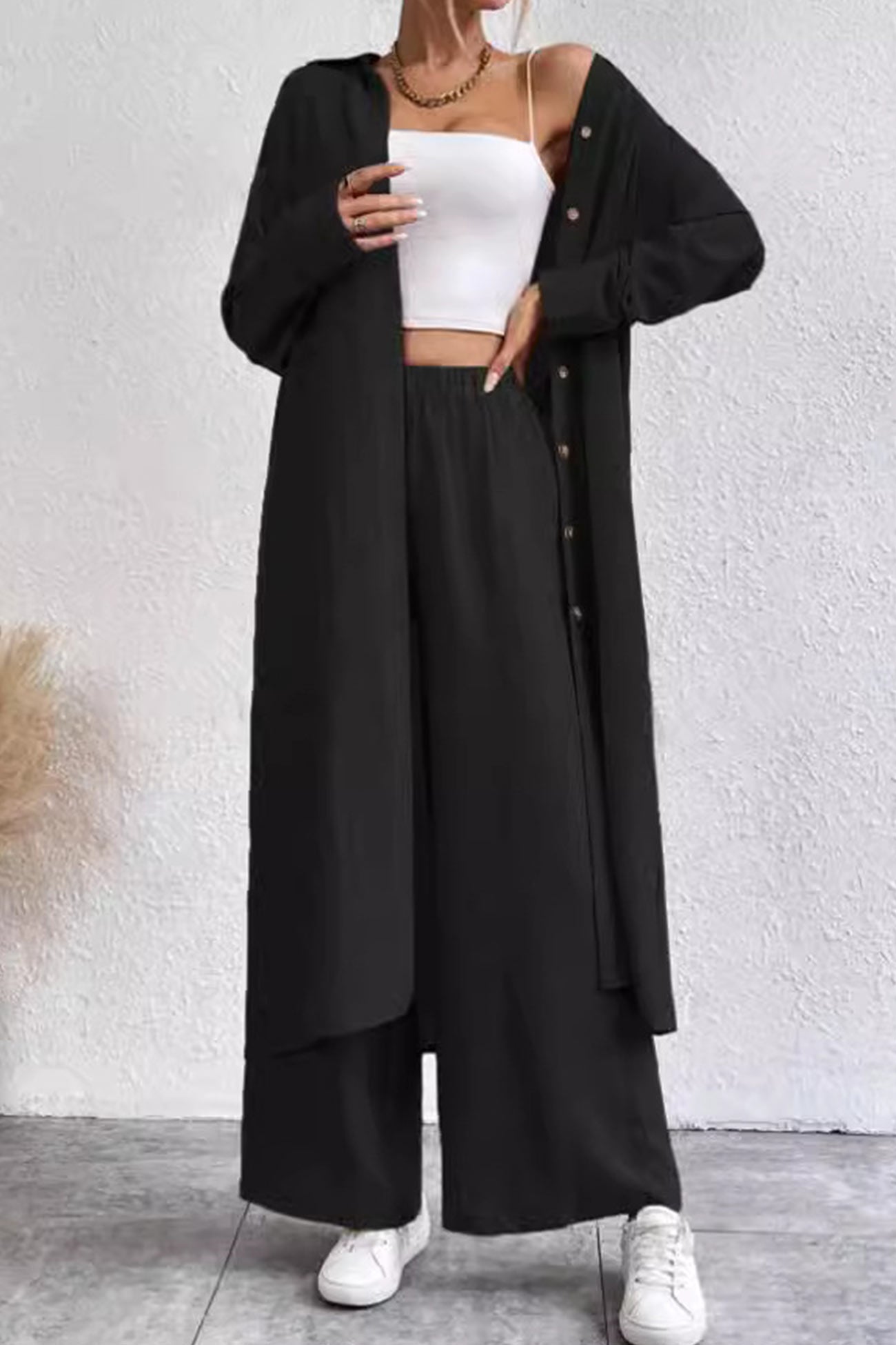 Maxct Solid Long Shirt Wide Leg Pants Set