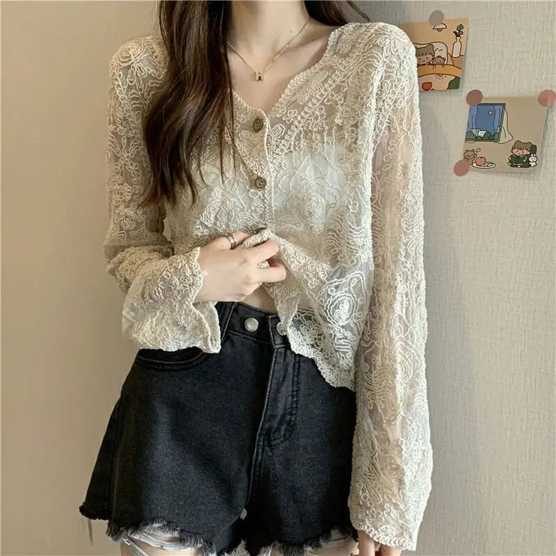 Maxct See Through Shirt Women Lace Blouse Summer Sun-Proof Sweet Sheer Tops Preppy V-Neck Casual Trendy Harajuku Basic Korean Blouse