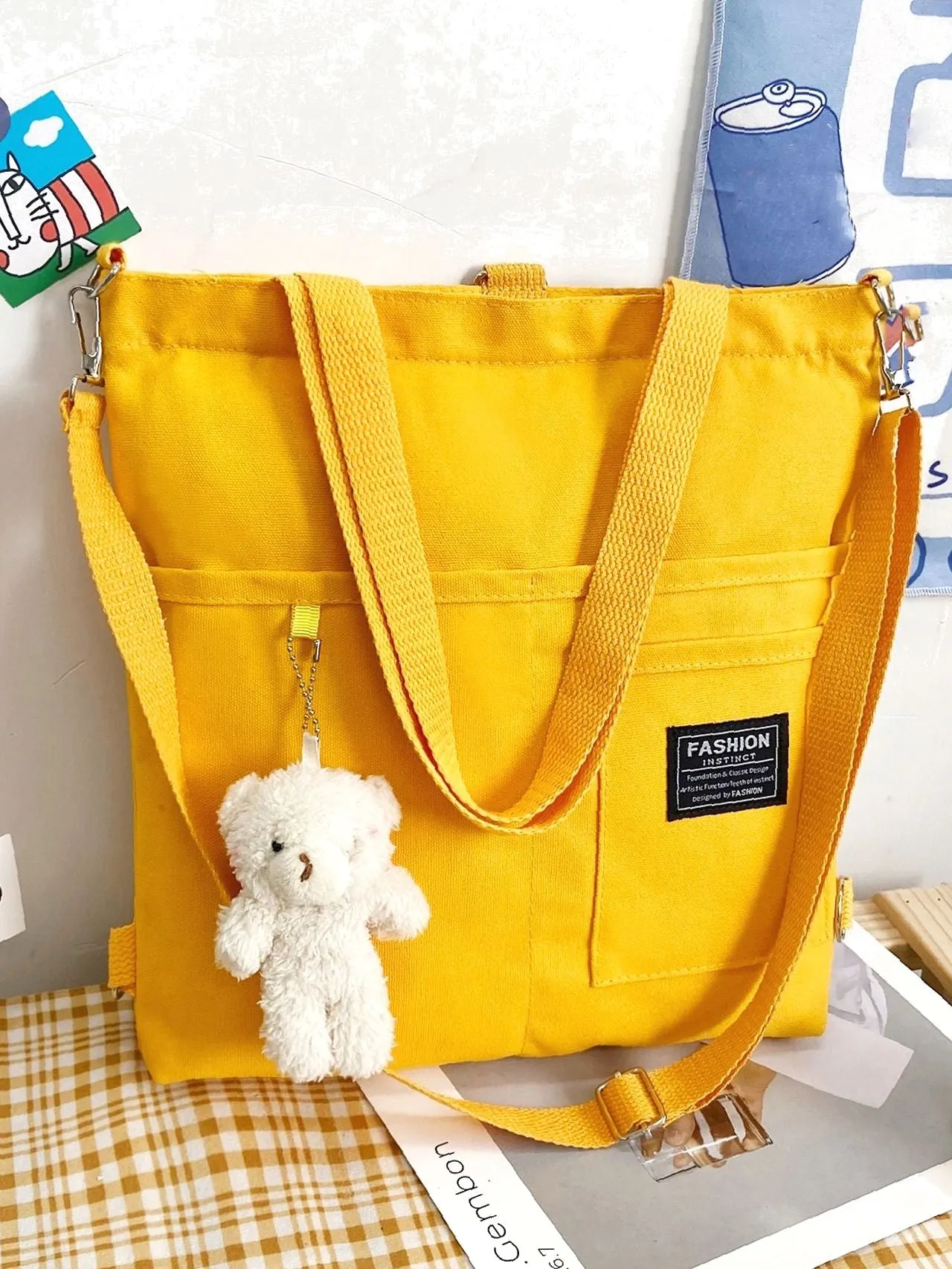 Maxct - Letter Graphic Shopper Bag with Bag Charm  - Women Tote Bags