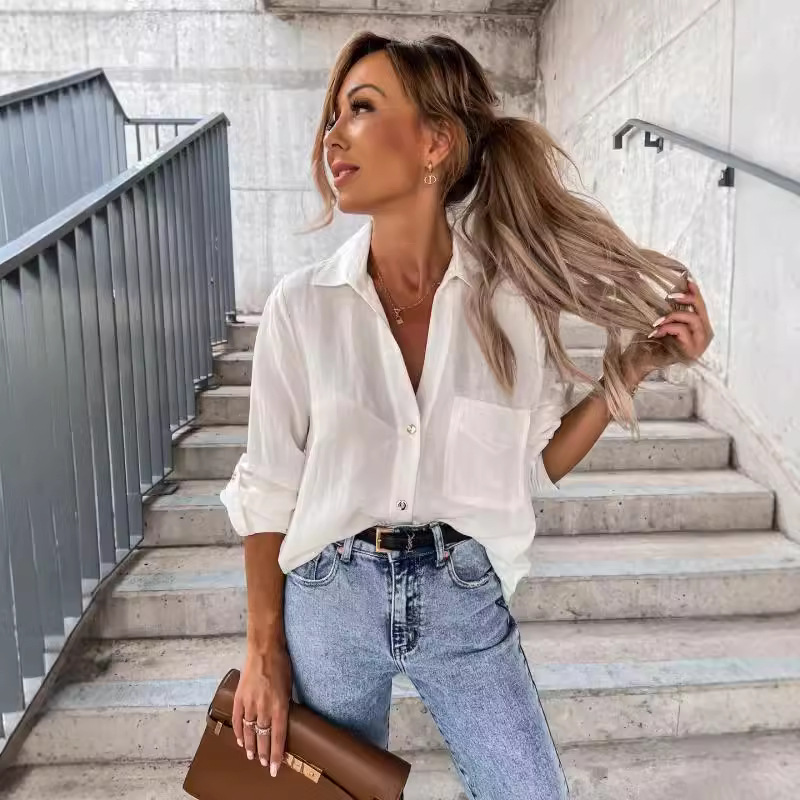 Maxct fashion outfits Autumn Simple Solid Color Sleeve V-neck Button Lapel Shirt for Women