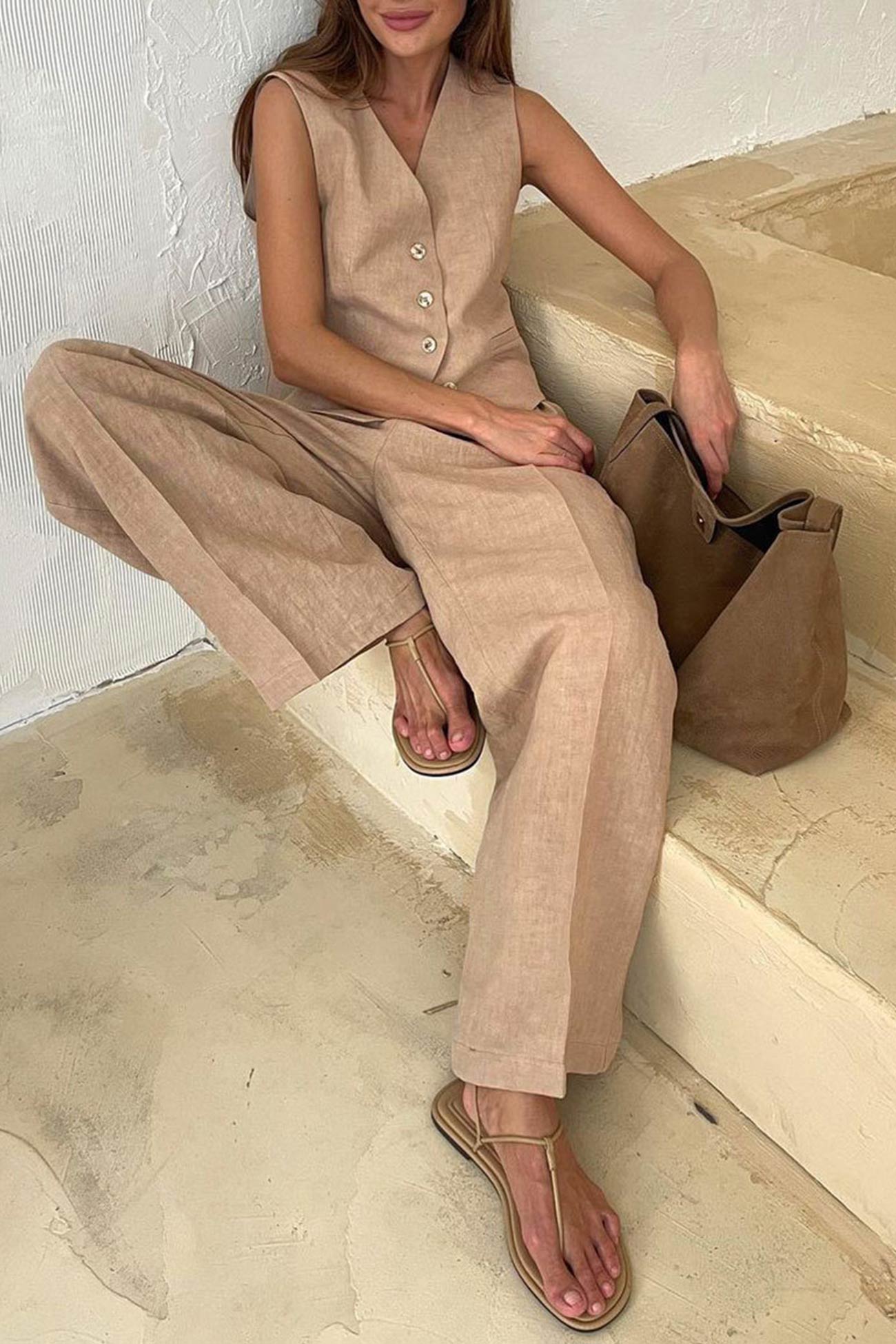 Maxct Cotton Linen Tank Top Pants Suits