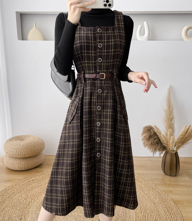 Button Up Plaid Pinafore Dress Maxct