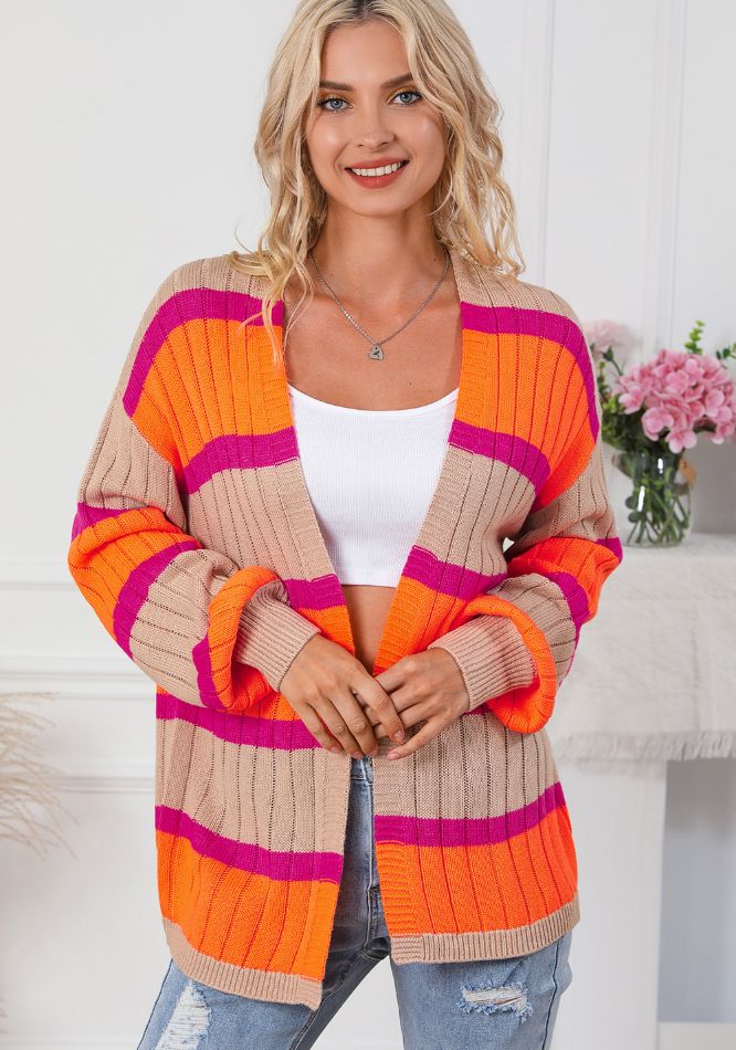 Maxct &Contrast Striped Drop Shoulder Open Front Cardigan