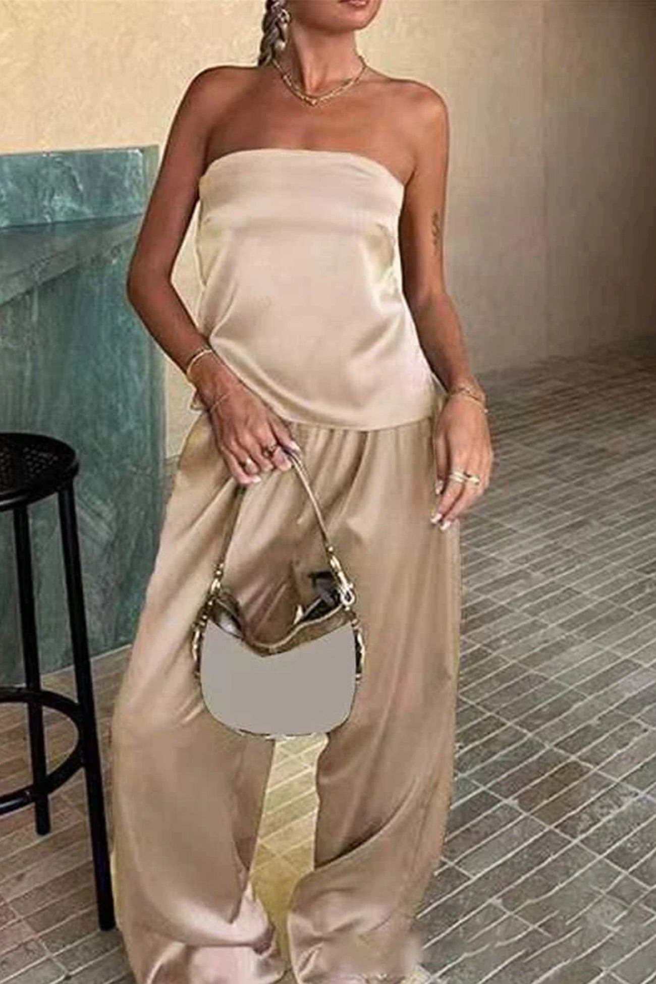Maxct Satin Solid Tube Top Long Pants Suits