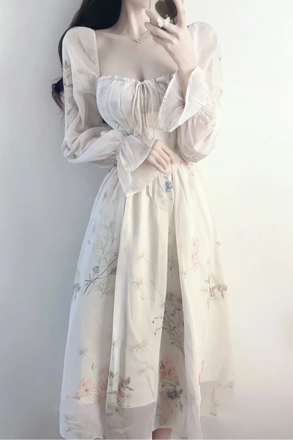 Long Sleeve Retro Floral Pattern Long Dress Maxct