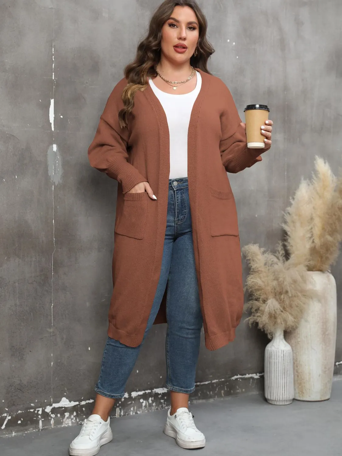 Maxct &Plus Size Long Sleeve Pocketed Cardigan