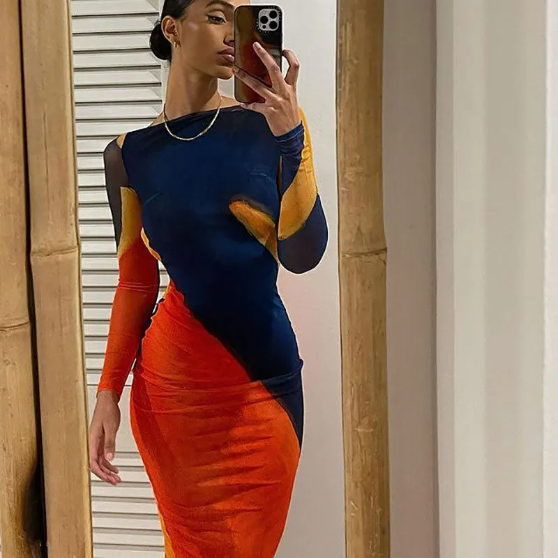 Abstract Boat Neck Long Sleeve Fishtail Maxi Dress - Multicolor Maxct