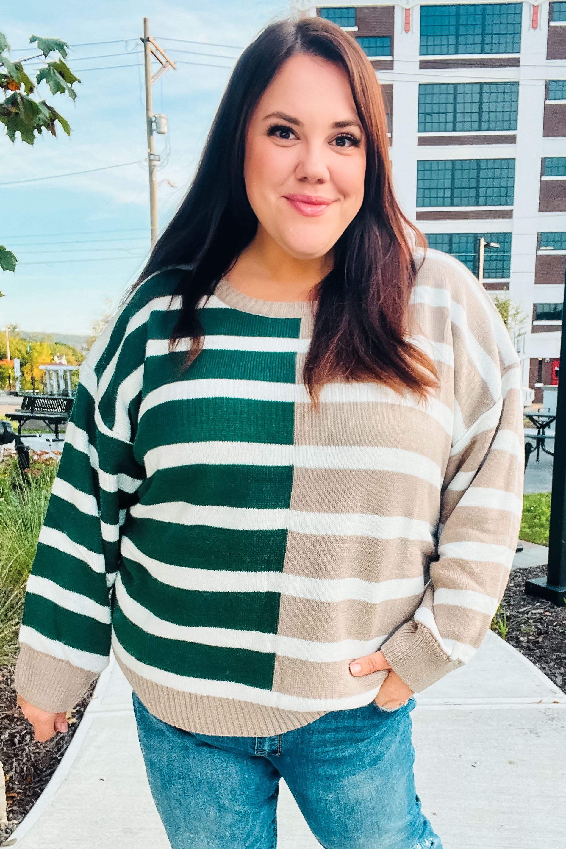 Maxct &Hunter Green & Taupe Striped Color Block Sweater - Image 2