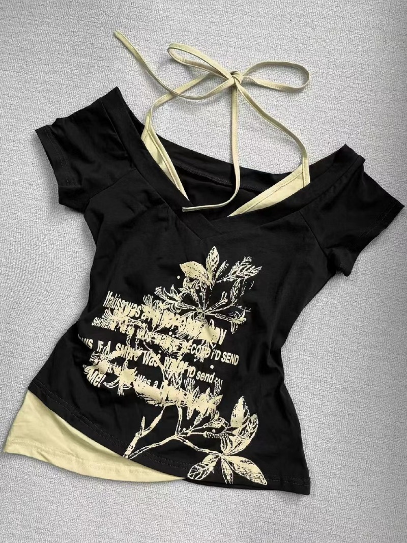 Maxct American Black Fake Two-piece Halter Neck Letter Print T-shirt Fashion Street Hot Girl Sexy Slim Off Shoulder Millennium Y2K Top