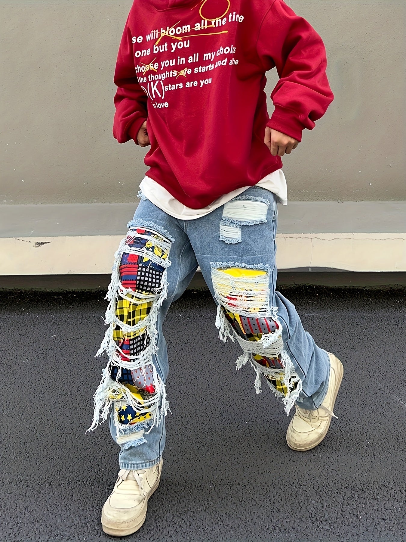 Maxct  Loose Fit Patchwork Jeans, Men's Casual Street Style Wide Leg Pants With Creative Tassels