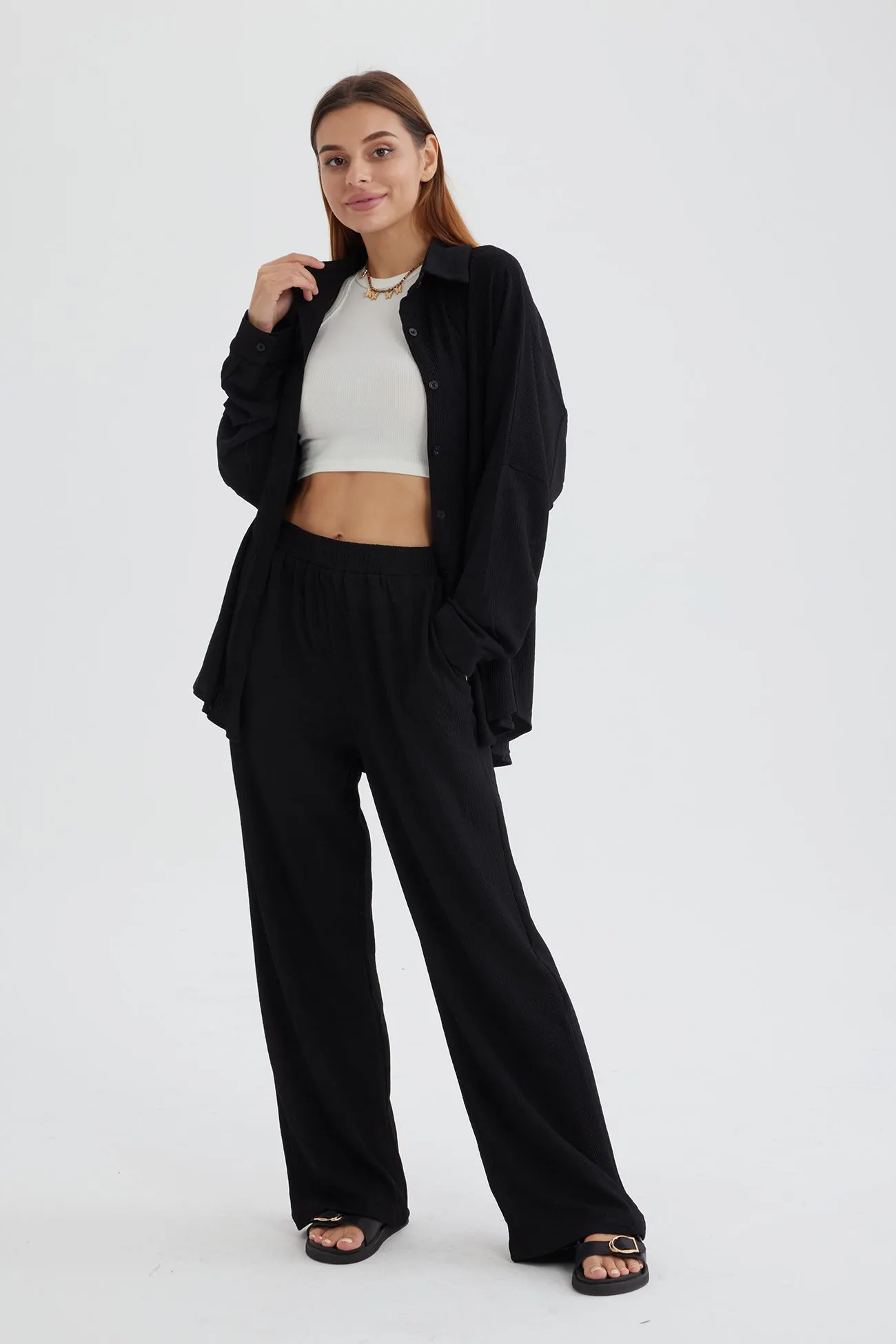 Maxct Two Piece Solid Color Long Sleeve Shirt Long Pants Set
