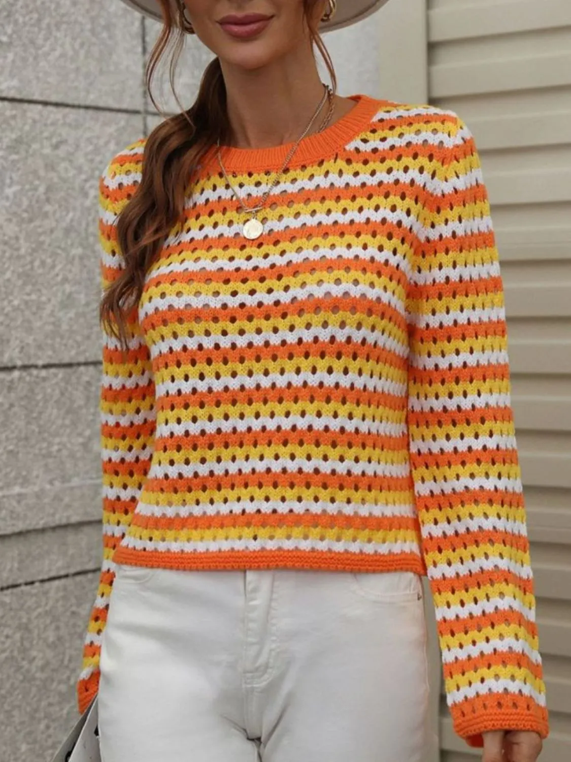 Maxct &Striped Openwork Long-Sleeve Knit Pullover