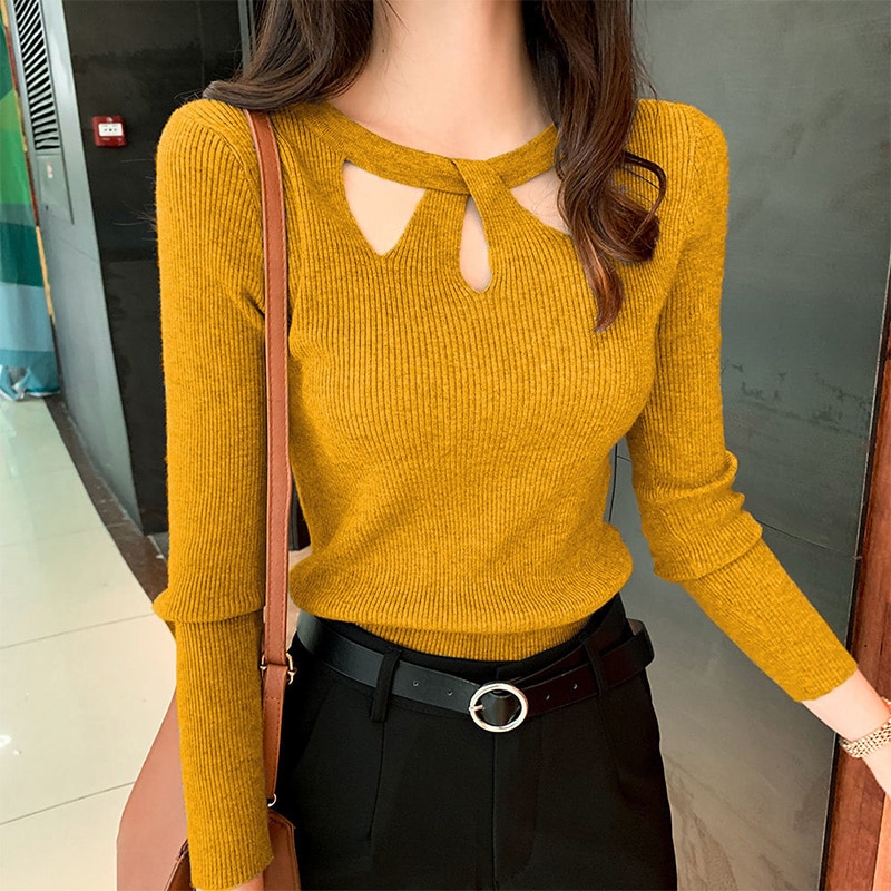 Maxct Winter Hollow Out Sexy Solid Sweater Ladies Elegant Fashion Slim Bottoming Knitting Pullover Tops Women Casual Jumper
