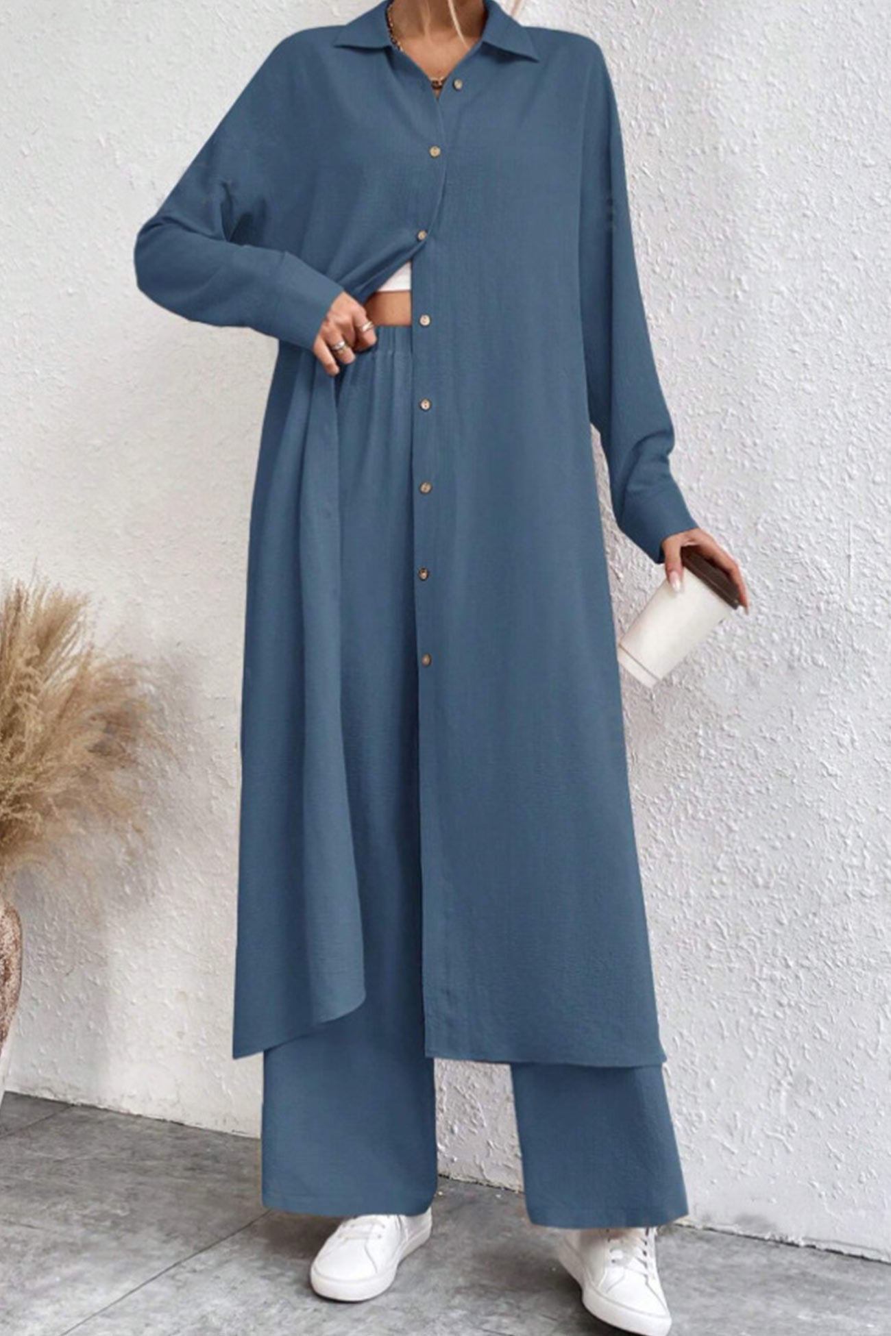 Maxct Solid Long Shirt Wide Leg Pants Set