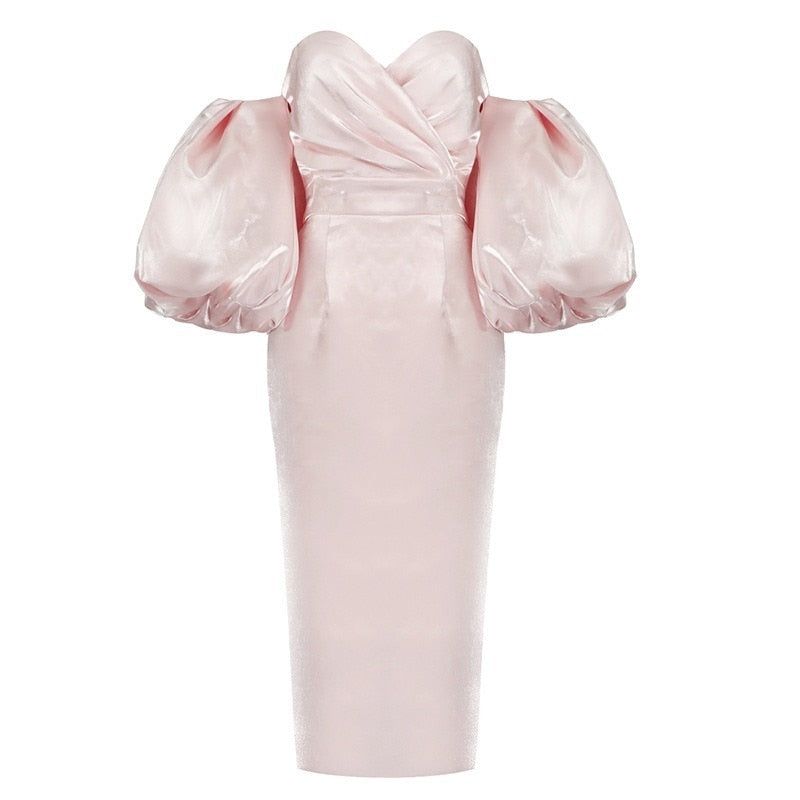 Smiley Puff Sleeve Satin Midi Dress Maxct