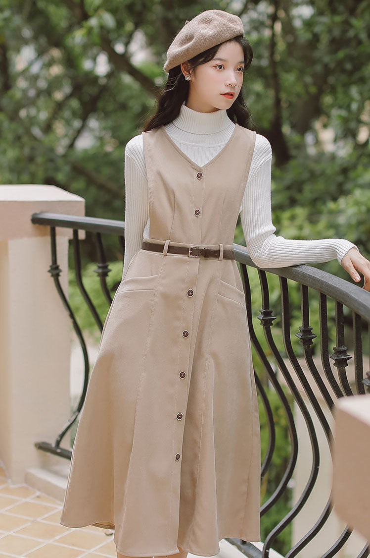 Button Up Suede Pinafore Dress Maxct