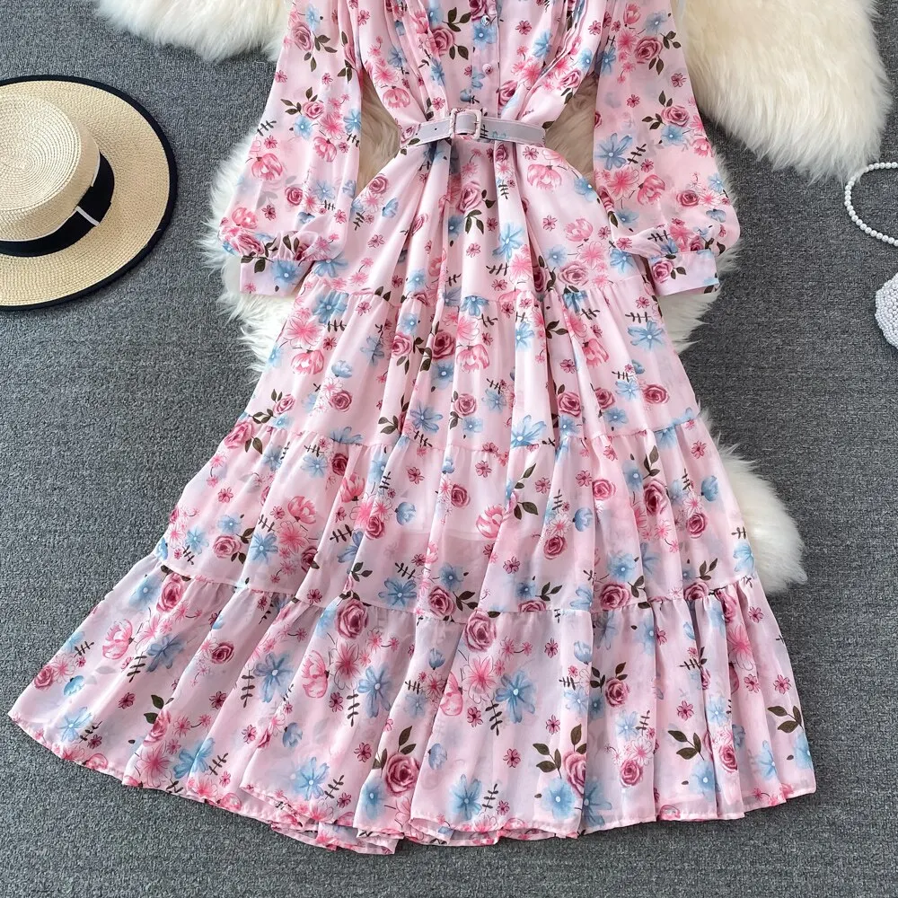Floral Midi Dress Women Elegant V-Neck Lantern Long Sleeve High Waist Draped A-Line Casual Vestidos Female Spring Autumn