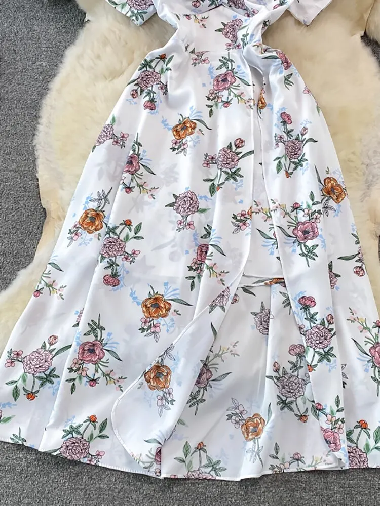Vintage Women Printed Dresss Sexy Square Collar Short Puff Sleeve High Waist A-Line Vacation Beach Vestidos Female New