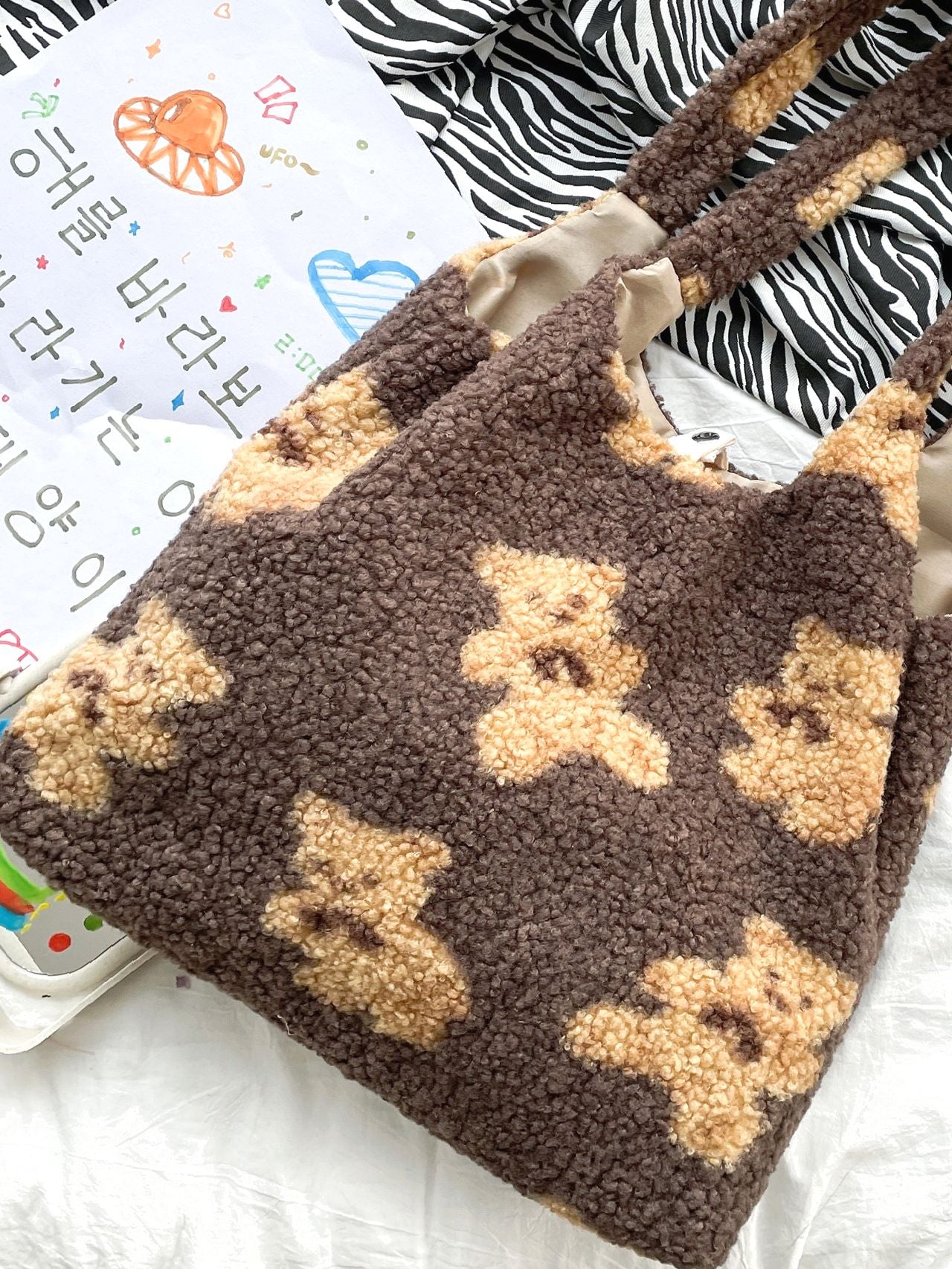 Maxct - Faux Shearling Cartoon Graphic Tote Bag  - Women Tote Bags