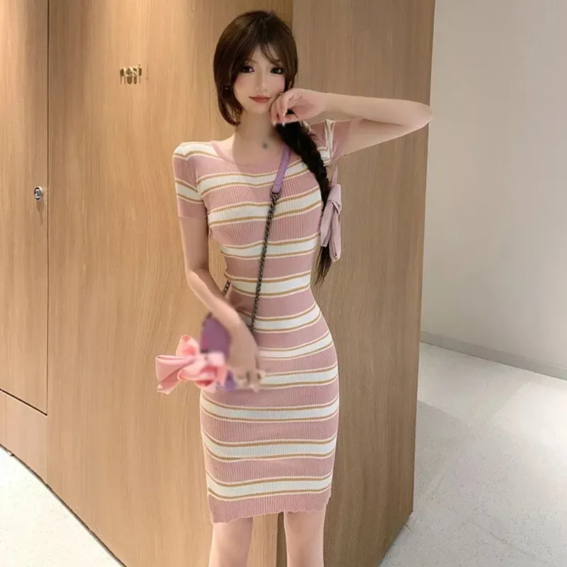 Maxct Women Elegant Maxi Strip Knit DressesA Line Casual Clothes Pullover Midi Robe Short Sleeve High Waist Ribbed Sexy Vestidos